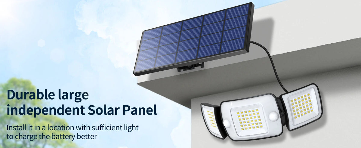 Intelamp Long Battery Life 6000mAh Outdoor Solar LED Light With Large Solar Panel Two Sensors 2.7M Cable For Garage Garden Yard