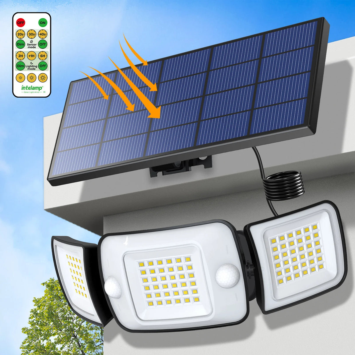 Intelamp Long Battery Life 6000mAh Outdoor Solar LED Light With Large Solar Panel Two Sensors 2.7M Cable For Garage Garden Yard