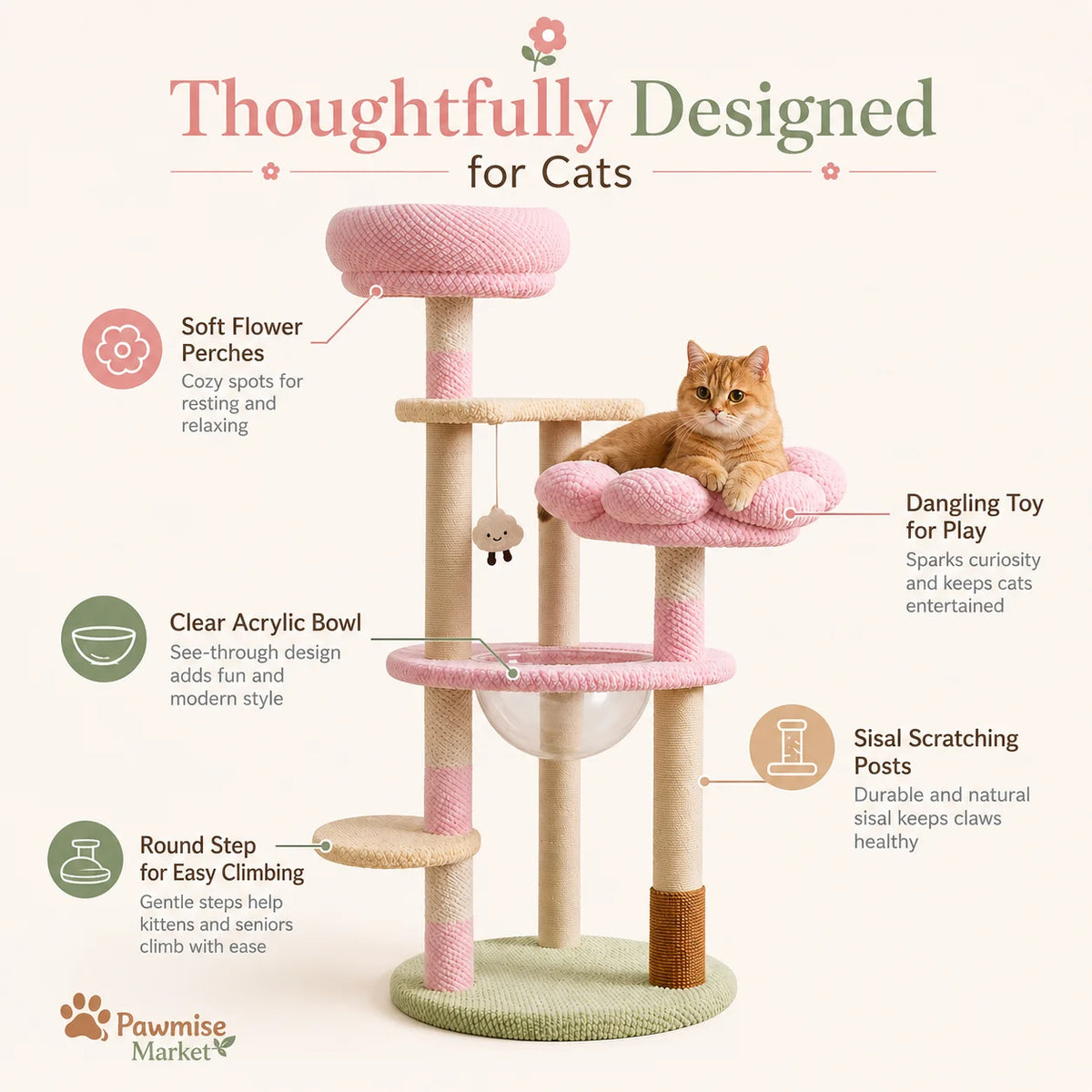 Pink Flower Cat Tree for Indoor Cats, 51.18-Inch Multi-Level Cat Tower with Soft Plush Perches, Clear Acrylic Bowl, Sisal Scratching Posts, Hanging Toy and Climbing Step