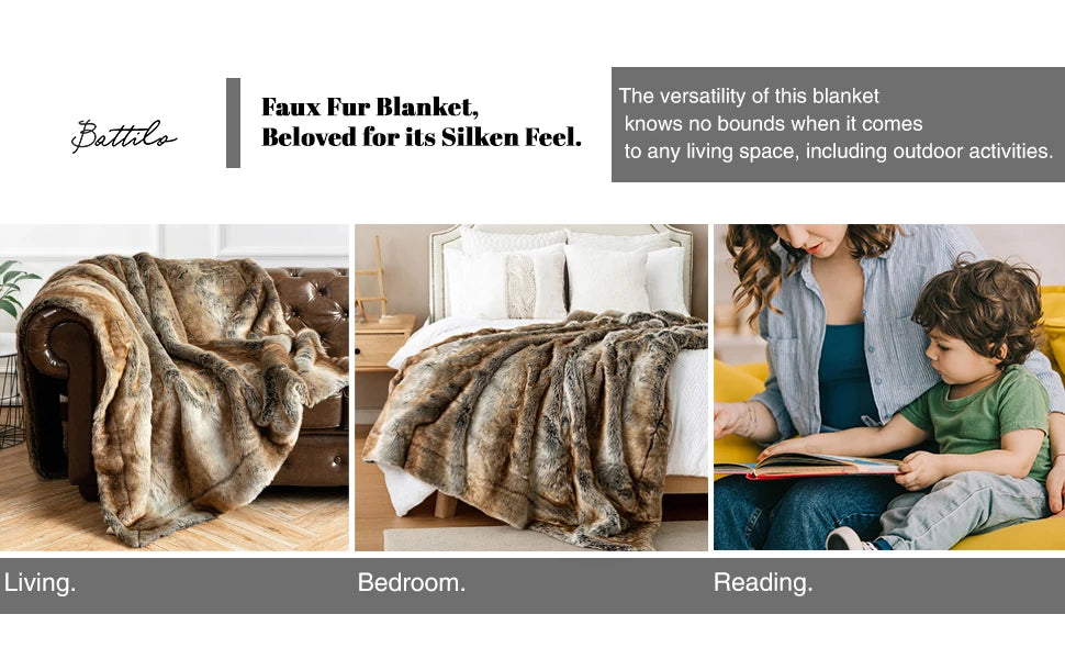 Battilo Brown Faux Fur Blanket Luxury Fluffy Plaid Throw Blanket Winter Thick Warm Plush Blanket Fur Throws for Bedroom Decor