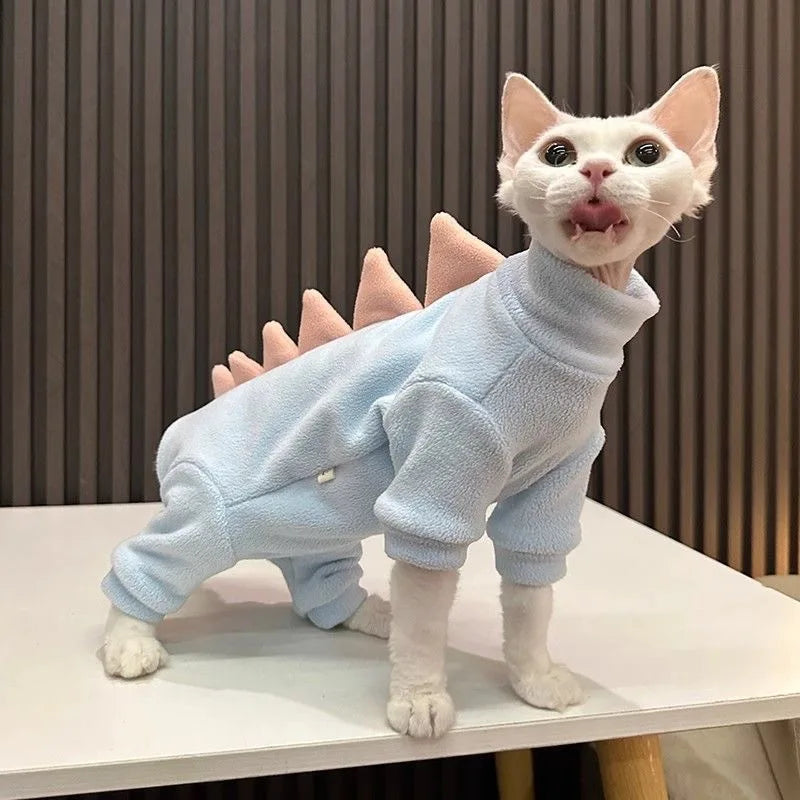 Dinosaur Shape Fleece Sweatshirt for Cats in Winter Cute Cartoon 4-legged Warm Purple Blue Coat for Sphynx Cat Soft Jumpsuit