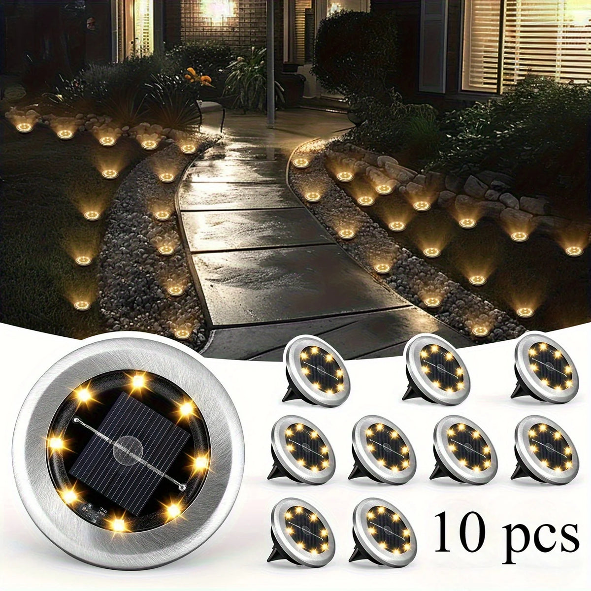 10pcs Solar Ground Light Outdoor Waterproof 8LED Disk Light for Garden Pathway Yard Driveway Landscape Decorative In-ground Lamp