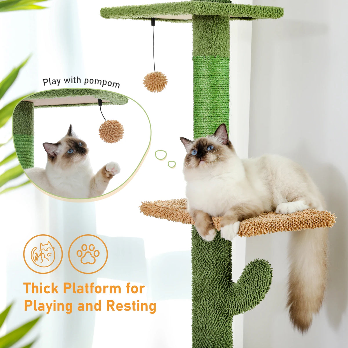 Cactus Cat Tree Floor to Ceiling Cat Tower with Sisal Scratching Post,Comfortable Hammock for Multi-Cat Homes,Cat Accessories
