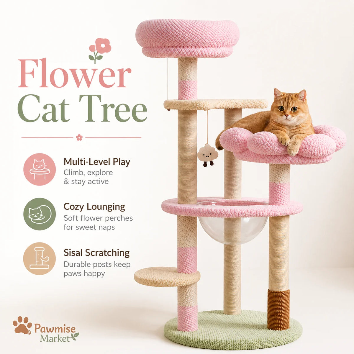 Pink Flower Cat Tree for Indoor Cats, 51.18-Inch Multi-Level Cat Tower with Soft Plush Perches, Clear Acrylic Bowl, Sisal Scratching Posts, Hanging Toy and Climbing Step