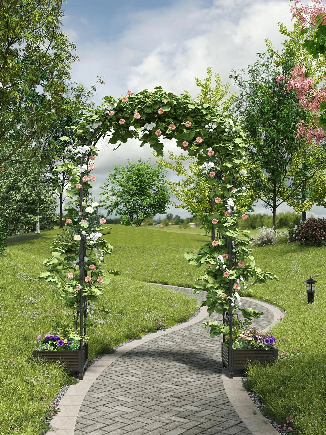 Metal Garden Arbor with Planter Boxes, Raised Planter Box for Climbing Plants, 94.5" H Garden Arch Trellis for Outdoor Backyard