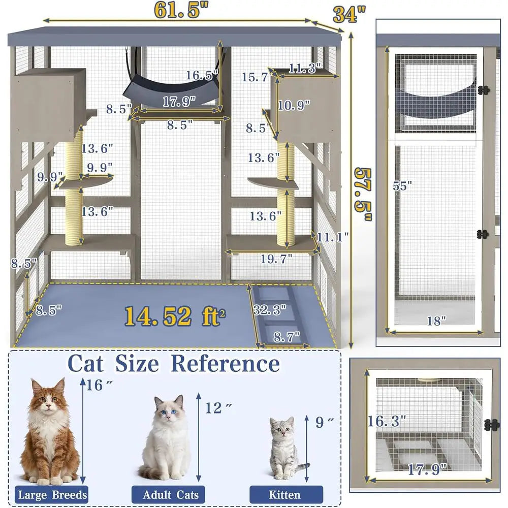 Catio Outdoor Cat Enclosure or Multiple Cats, Walk-in Cat House, Window Contion, 7 Platorms, 2 Rooms, 2 Scratch Posts, Hammock,