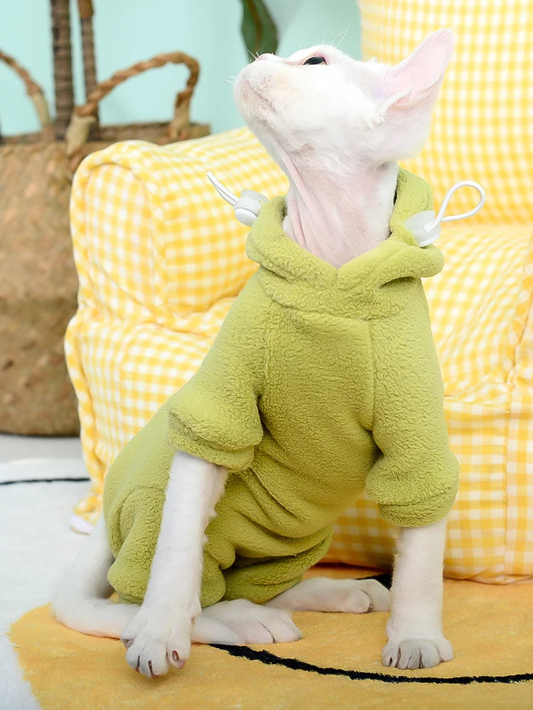 Fleece 4-legged Soft Sweater for Sphynx Cat Winter thick Warm Hooded Red Green Sweatshirt for Kittens Devon Rex coat in Autumn