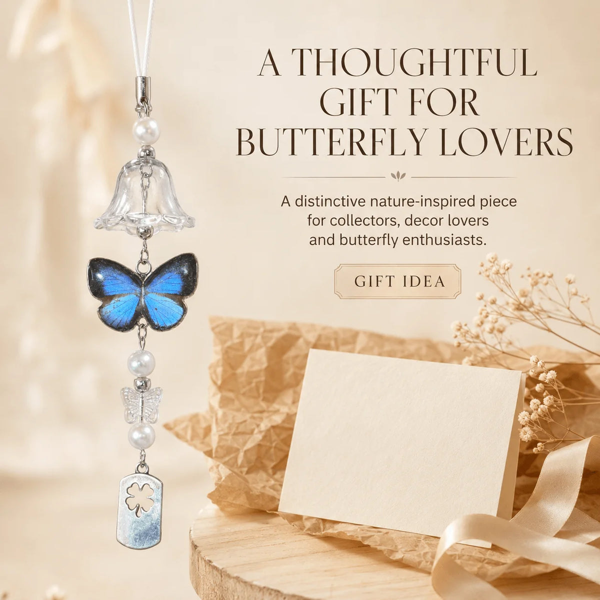 Real Butterfly Specimen Wind Chime, Blue Butterfly Hanging Decor, Nature-Inspired Ornament for Home & Gift