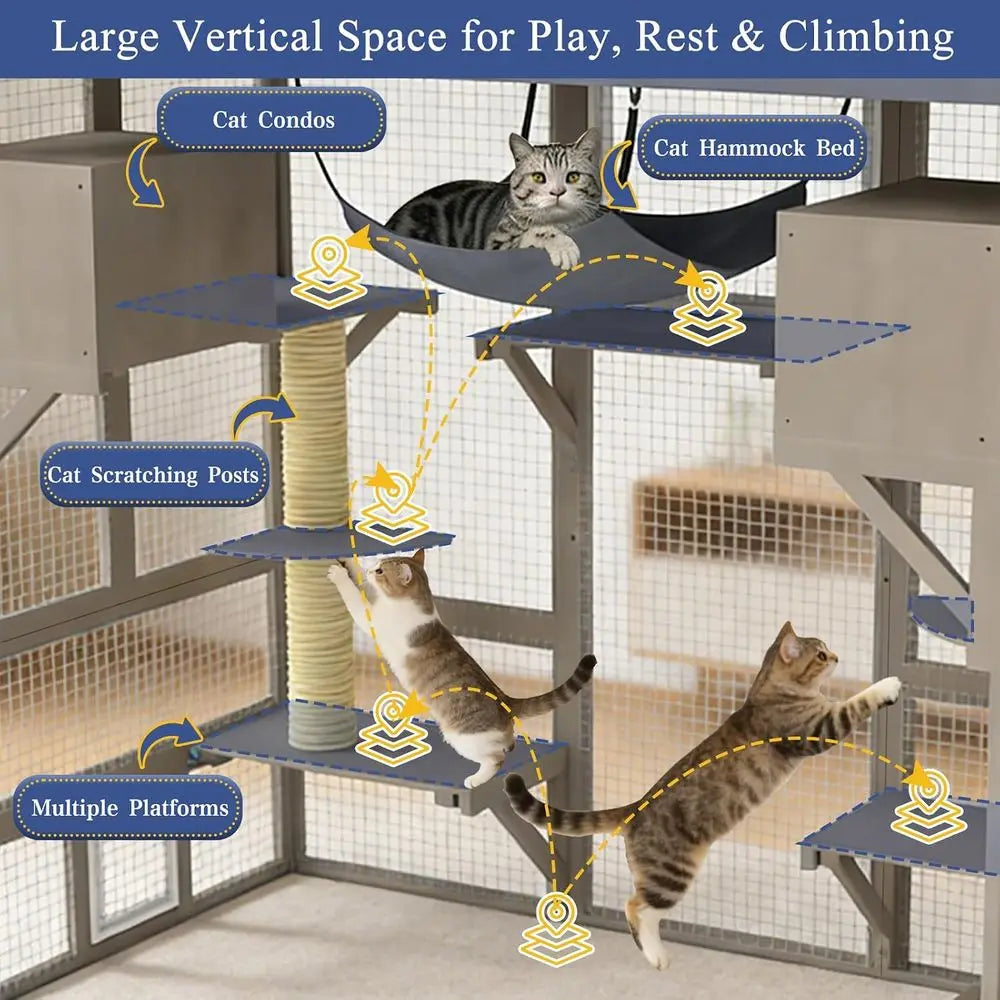 Catio Outdoor Cat Enclosure or Multiple Cats, Walk-in Cat House, Window Contion, 7 Platorms, 2 Rooms, 2 Scratch Posts, Hammock,
