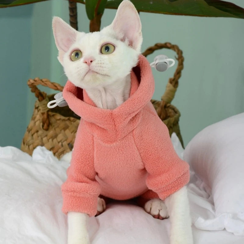 Fleece 4-legged Soft Sweater for Sphynx Cat Winter thick Warm Hooded Red Green Sweatshirt for Kittens Devon Rex coat in Autumn