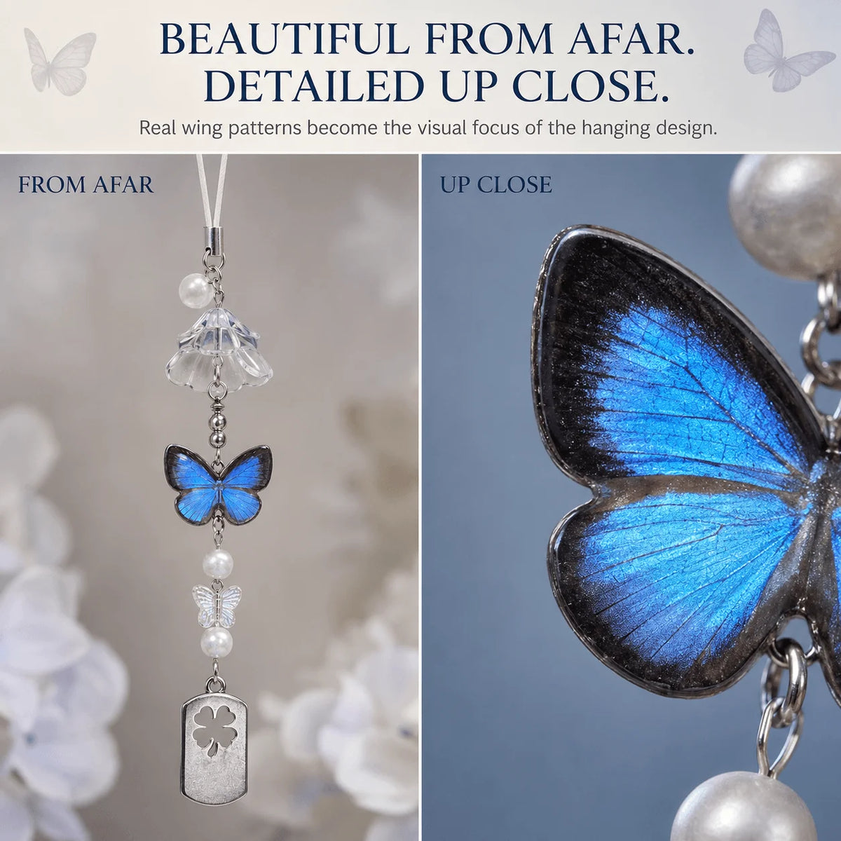 Real Butterfly Specimen Wind Chime, Blue Butterfly Hanging Decor, Nature-Inspired Ornament for Home & Gift