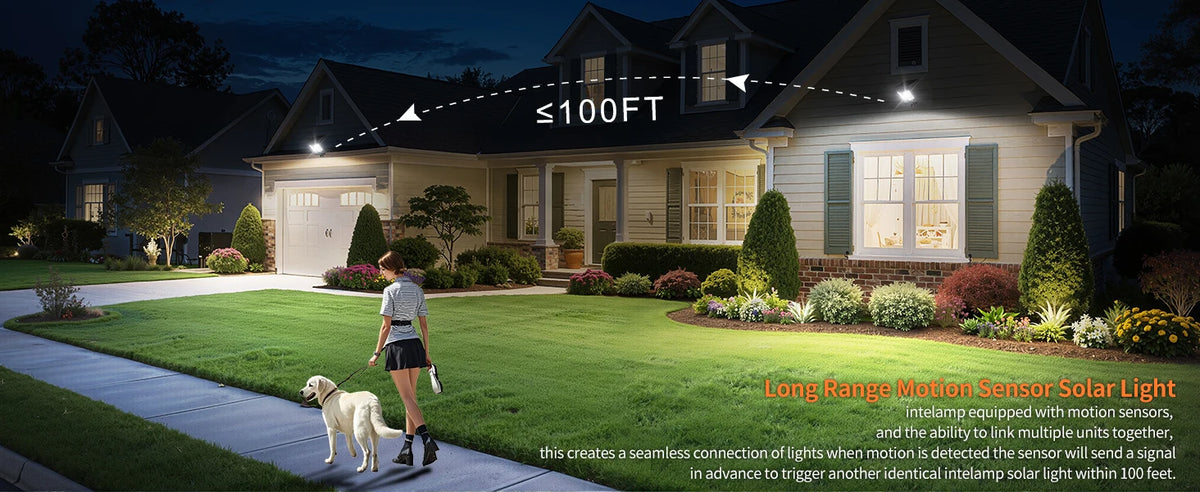 Intelamp Long Battery Life 4000mAh Outdoor Solar Flood Lights 240° Wide Security Street Light Two Motion Sensors For Garden Yard