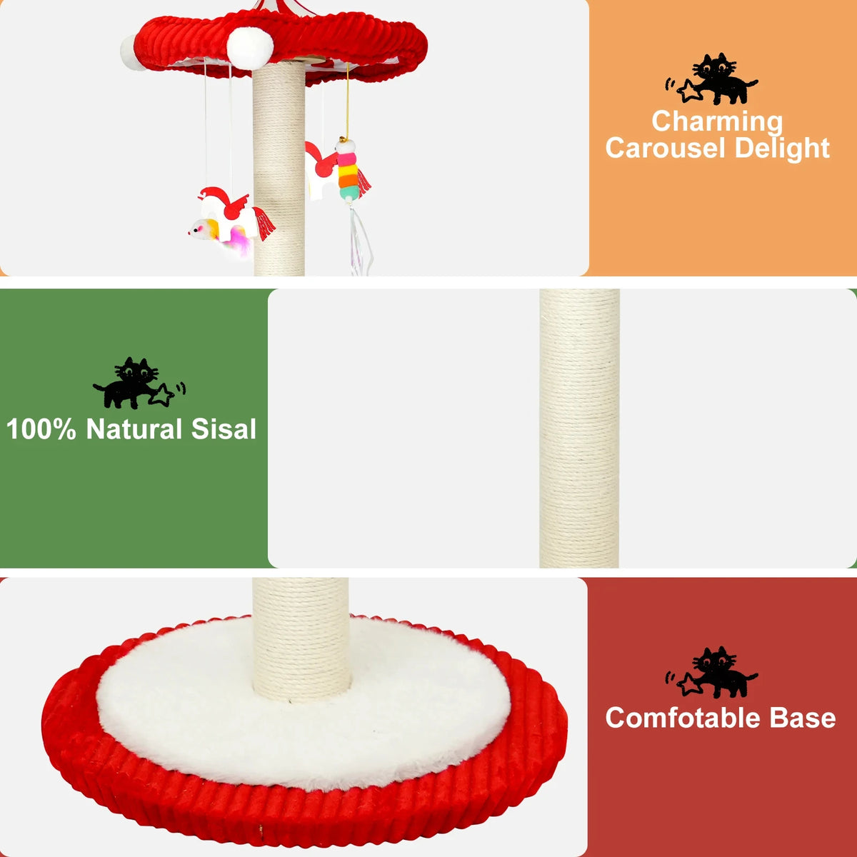 39“ Tall Carousel Cat Scratching Post with Hanging Toys Cat Tree Tower with Rotating Top 17.7" Stable Base Interactive Toys For Indoor Kittens and Adult Cats Climbing