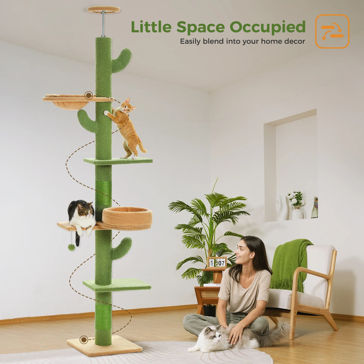 Cactus Cat Tree Floor to Ceiling Cat Tower with Sisal Scratching Post,Comfortable Hammock for Multi-Cat Homes,Cat Accessories