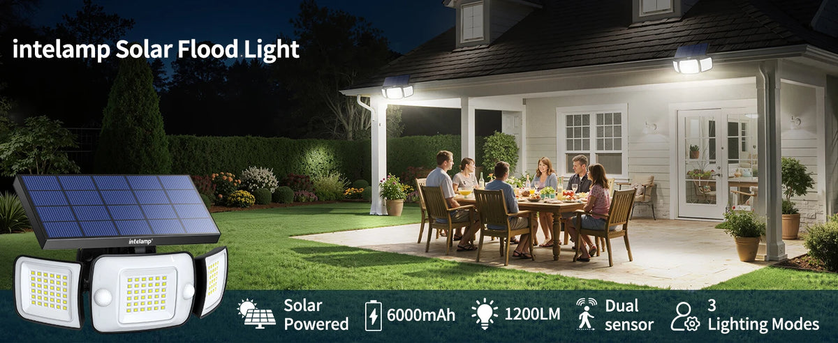 Intelamp Long Battery Life 6000mAh Outdoor Solar Lights Flood Light With Larger Solar Panel Two Motion Sensors For Yard Garden