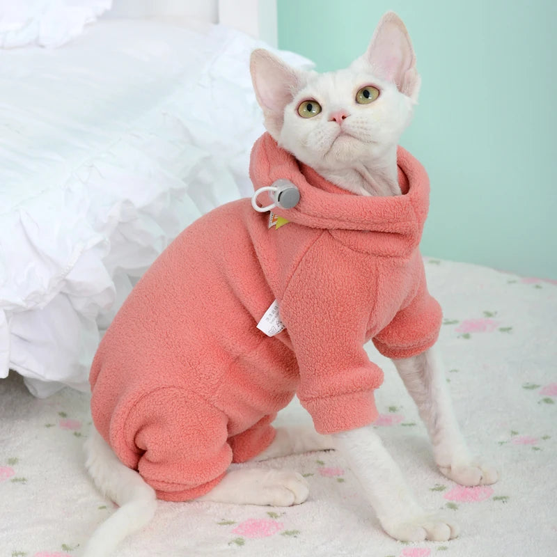 Fleece 4-legged Soft Sweater for Sphynx Cat Winter thick Warm Hooded Red Green Sweatshirt for Kittens Devon Rex coat in Autumn