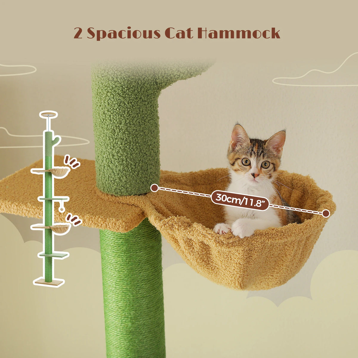 Cactus Cat Tree Floor to Ceiling Cat Tower with Sisal Scratching Post,Comfortable Hammock for Multi-Cat Homes,Cat Accessories