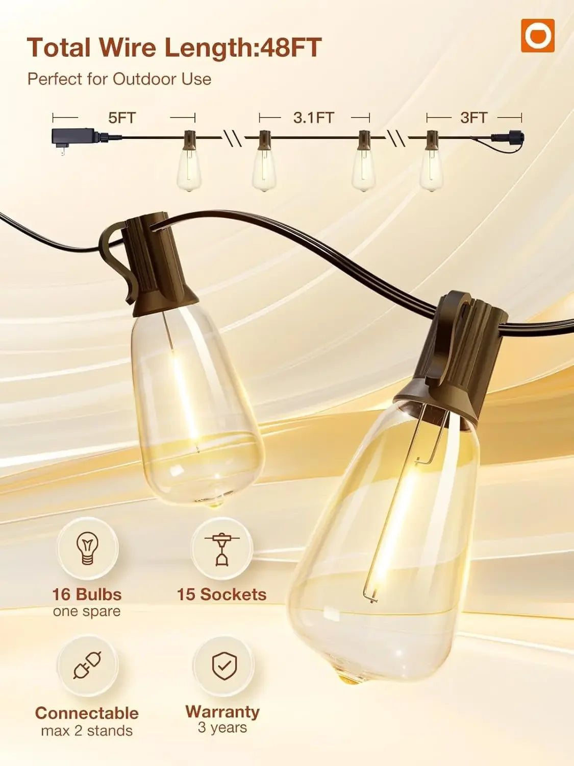 200FT LED Outdoor String Lights Dimmable Waterproof ST38 LED Shatterproof Bulbs Outside Hanging Light for Porch Garden Decor