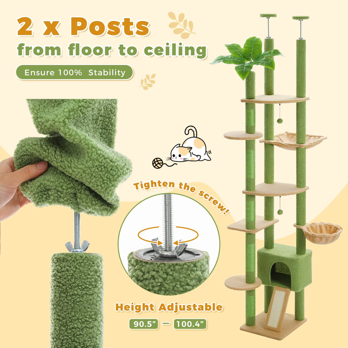 Cactus Cat Tree Floor to Ceiling Cat Tower with Sisal Scratching Post,Comfortable Hammock for Multi-Cat Homes,Cat Accessories