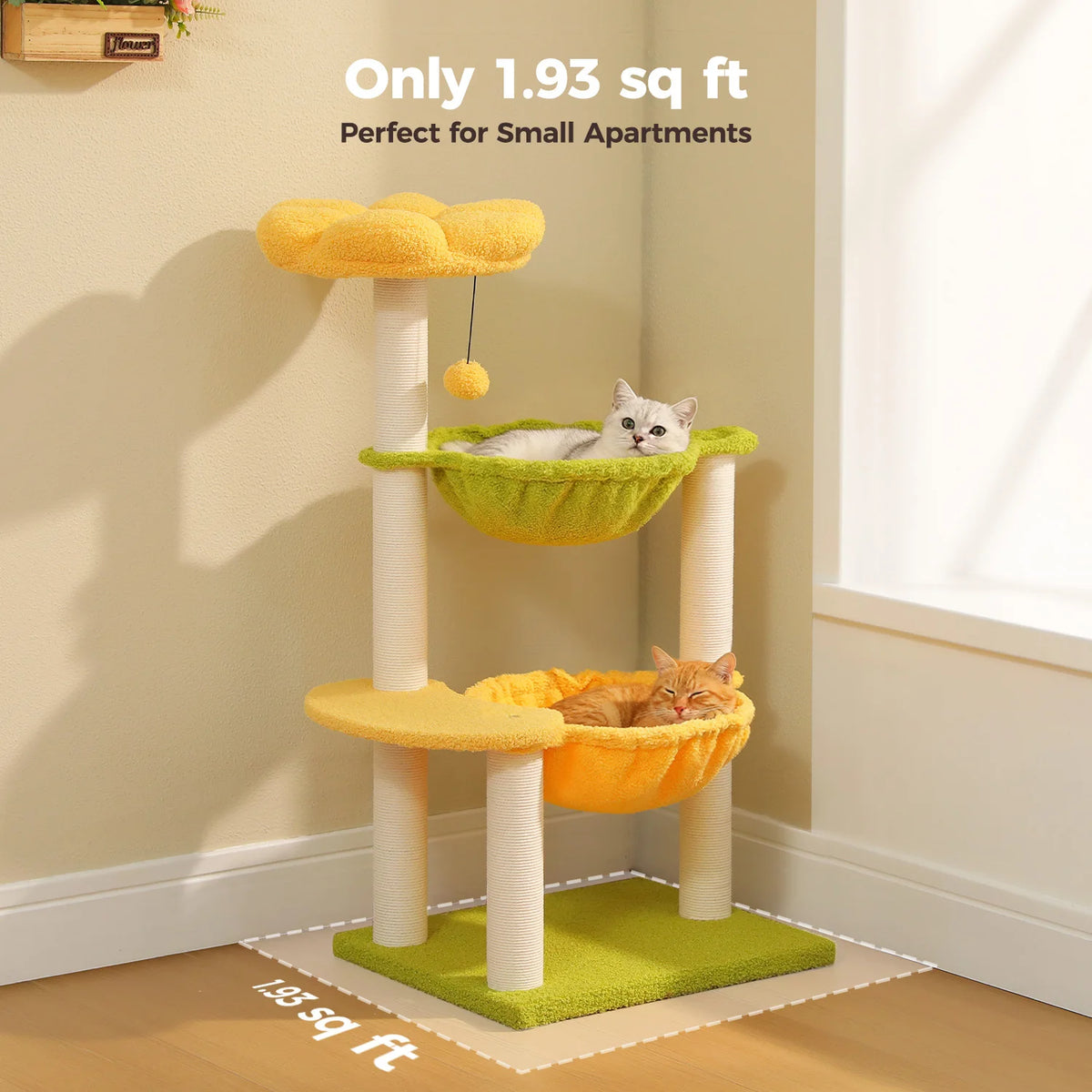 Flower Cat Tree with 2 Cozy Hammocks Sisal Scratching Posts Soft Top Perch Small Cat Tower for Indoor Kitty Cat Furniture Cat Toys