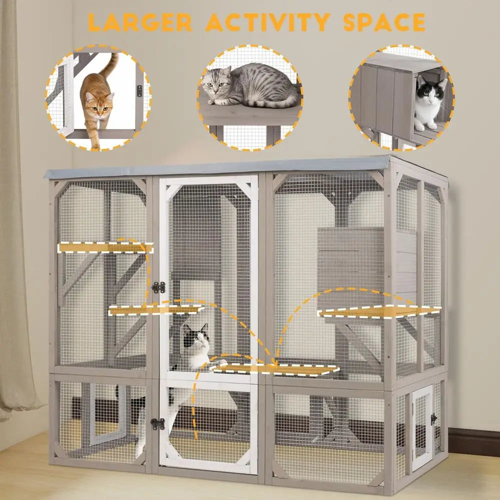 Catio Outdoor Cat Enclosure, Wooden Cat Catio, Large Weatherproo Cats House with Multiple Platorms and 1 Resting Boxes or Multip