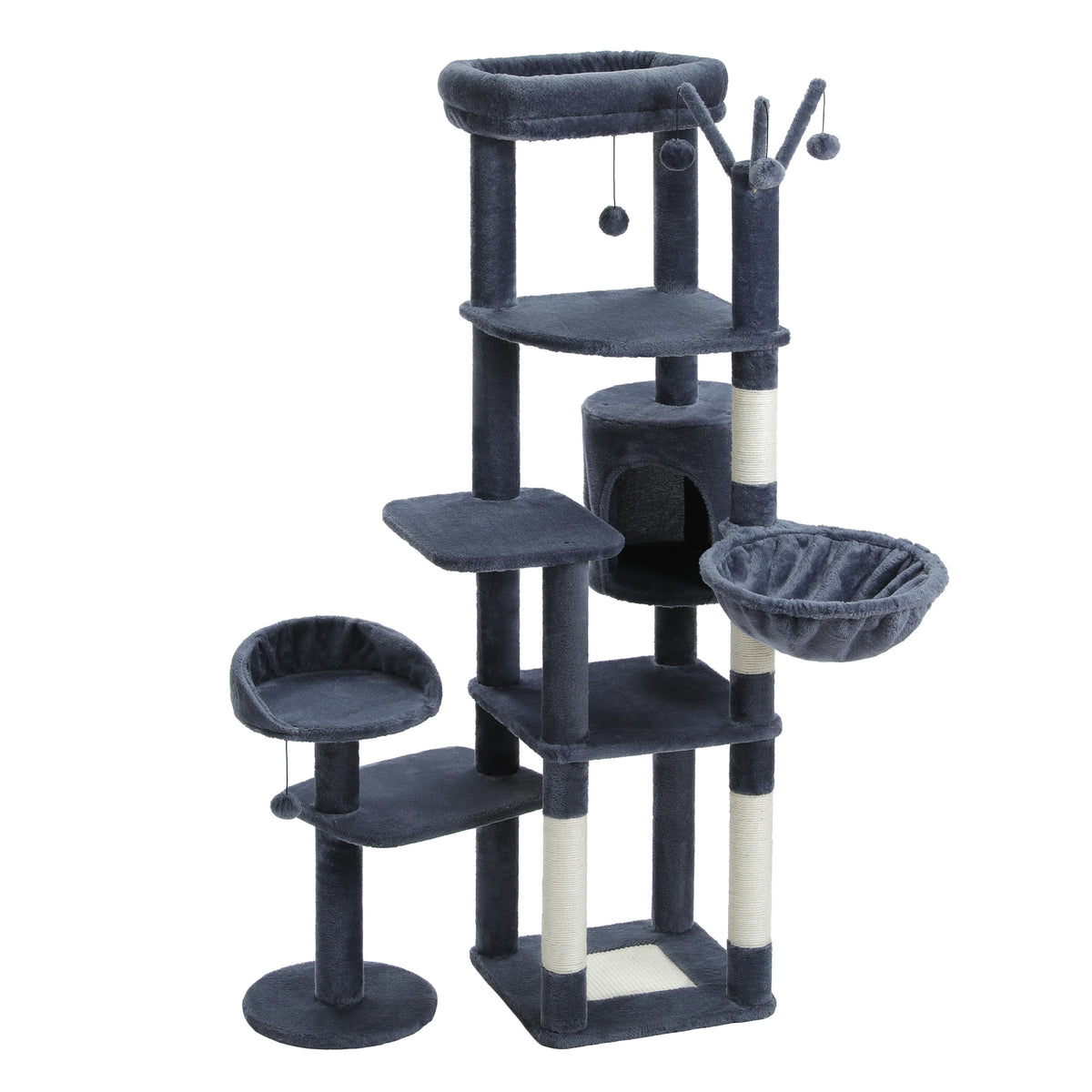 Multi-Level Cat Tree with Scratching Post Hammock Large Perches Hanging Balls Tall Cat Tower for Indoor Spacious Cat Condo House