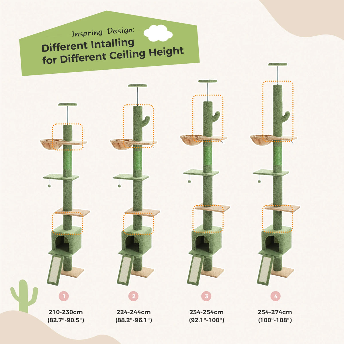 Cactus Cat Tree Floor to Ceiling Cat Tower with Sisal Scratching Post,Comfortable Hammock for Multi-Cat Homes,Cat Accessories