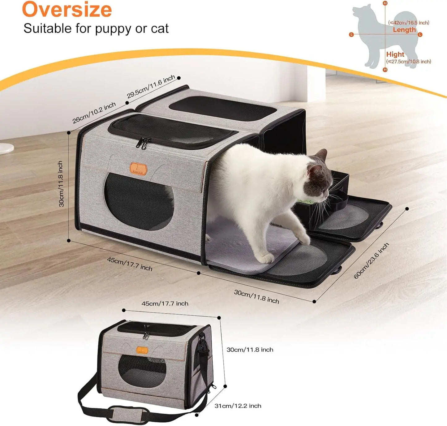 Large Cat Carrier with Litter Box for Car Travel, 2-in-1 Pet Carrier Bag for Long Distance, Collapsible Dog Crate