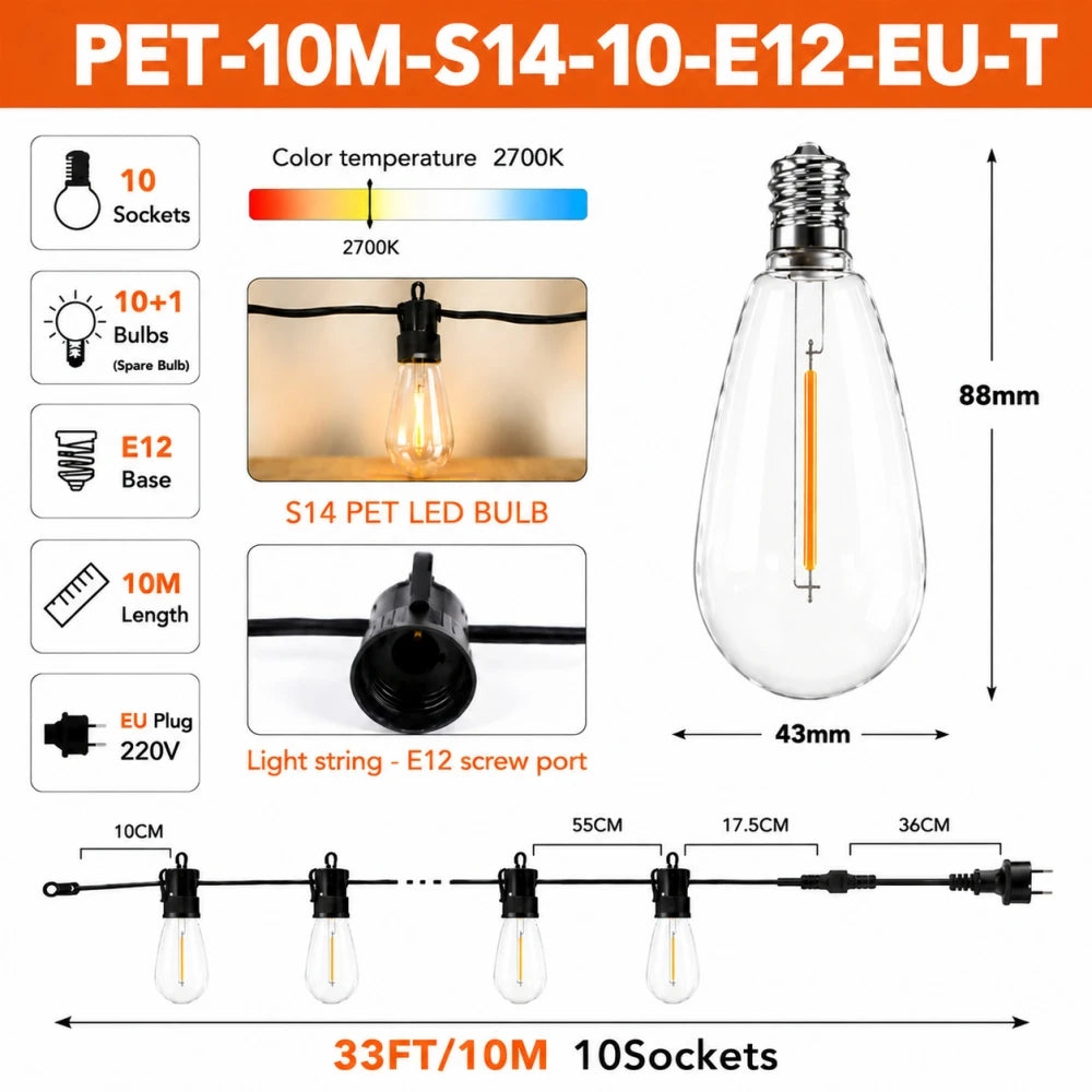 PET S14 LED String Light Bulbs E12 Base Shatterproof Plastic Bulbs 220V EU Plug Outdoor Patio Garden Lights Warm White 2700K