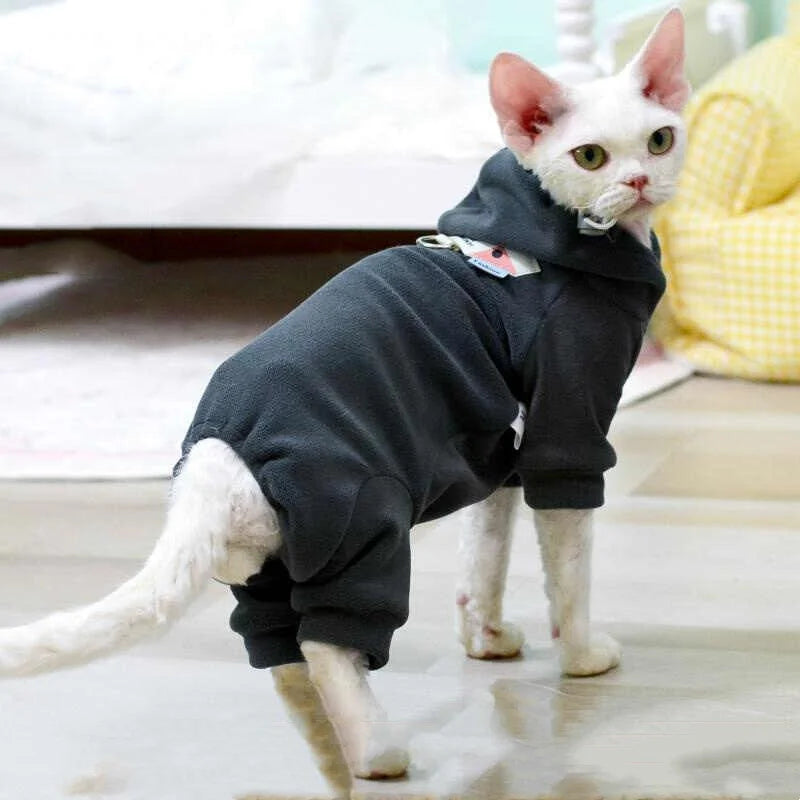 Fleece 4-legged Soft Sweater for Sphynx Cat Winter thick Warm Hooded Red Green Sweatshirt for Kittens Devon Rex coat in Autumn