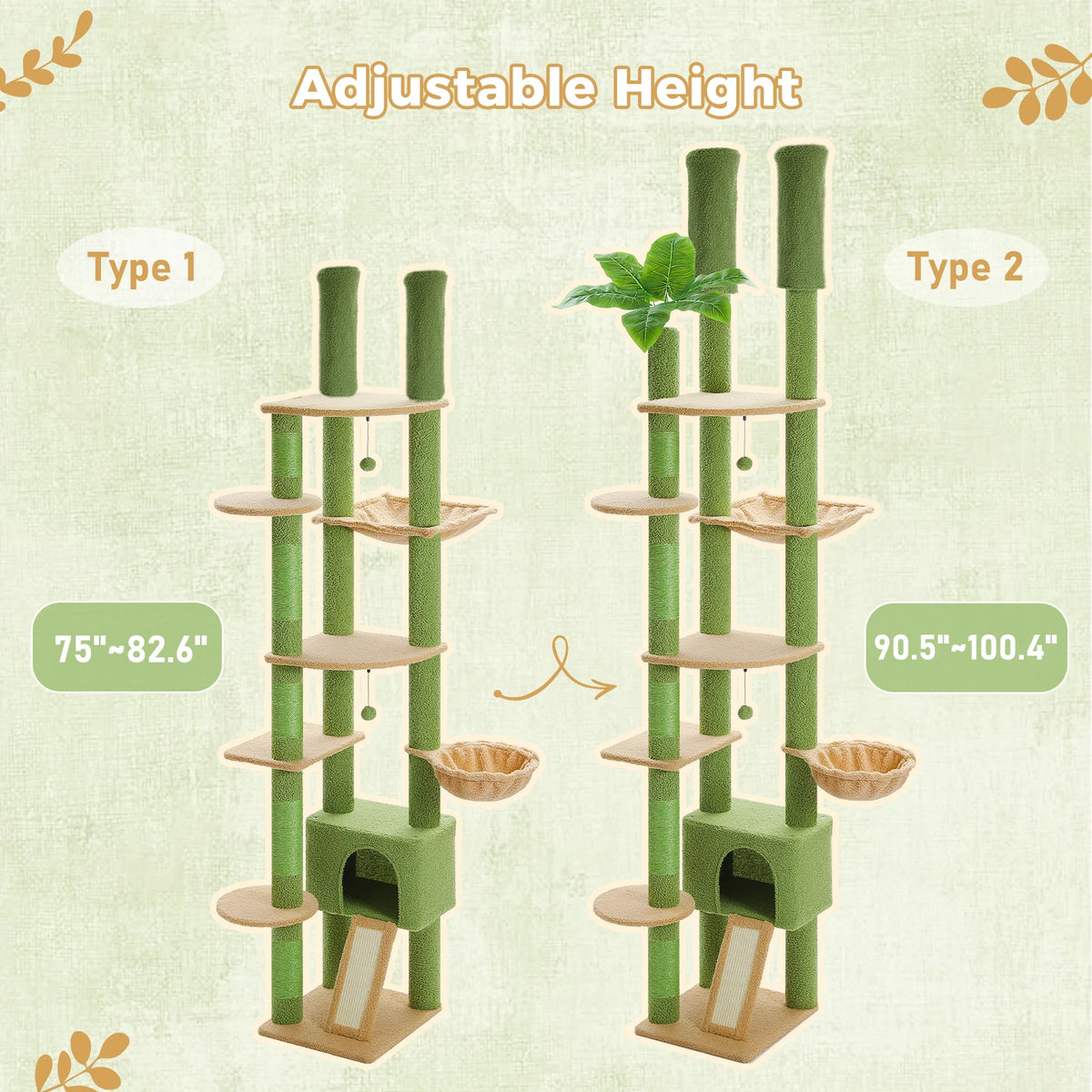 Floor to Ceiling Cat Tree with Sisal Scratching Posts Cozy Condo Hammock Adjustable Height Tall Cat Tower for Indoor Cat Toys