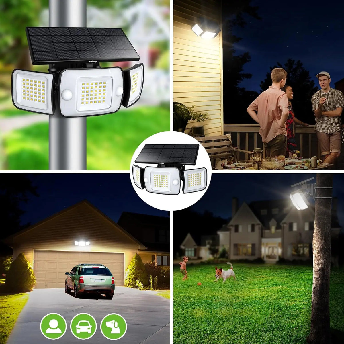 Intelamp Long Battery Life 6000mAh Outdoor Solar Lights Flood Light With Larger Solar Panel Two Motion Sensors For Yard Garden