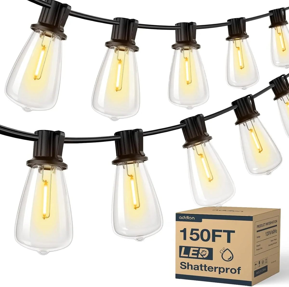 200FT LED Outdoor String Lights Dimmable Waterproof ST38 LED Shatterproof Bulbs Outside Hanging Light for Porch Garden Decor
