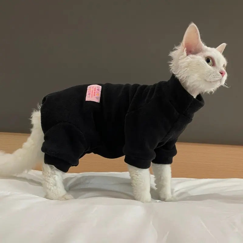 Fleece Coat for Sphynx Cat Warm Sweatshirt 4-legged Jumpsuit for Kittens Dogs soft Loungewear for Male Cat Devon Rex Sweater