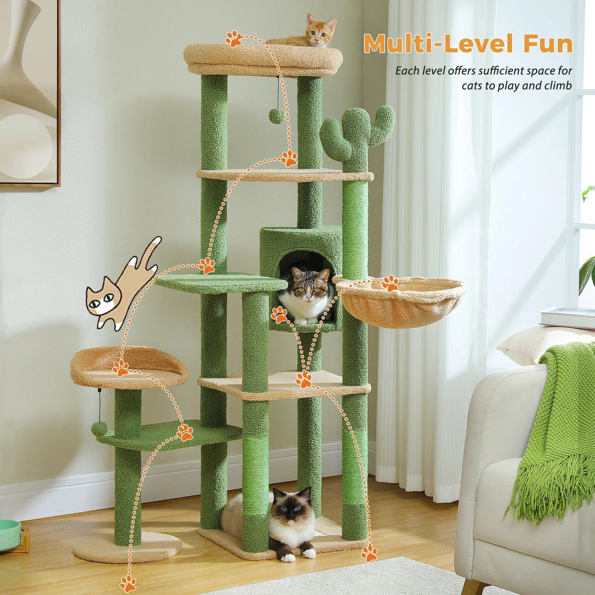 Multi-Level Cat Tree with Scratching Post Hammock Large Perches Hanging Balls Tall Cat Tower for Indoor Spacious Cat Condo House