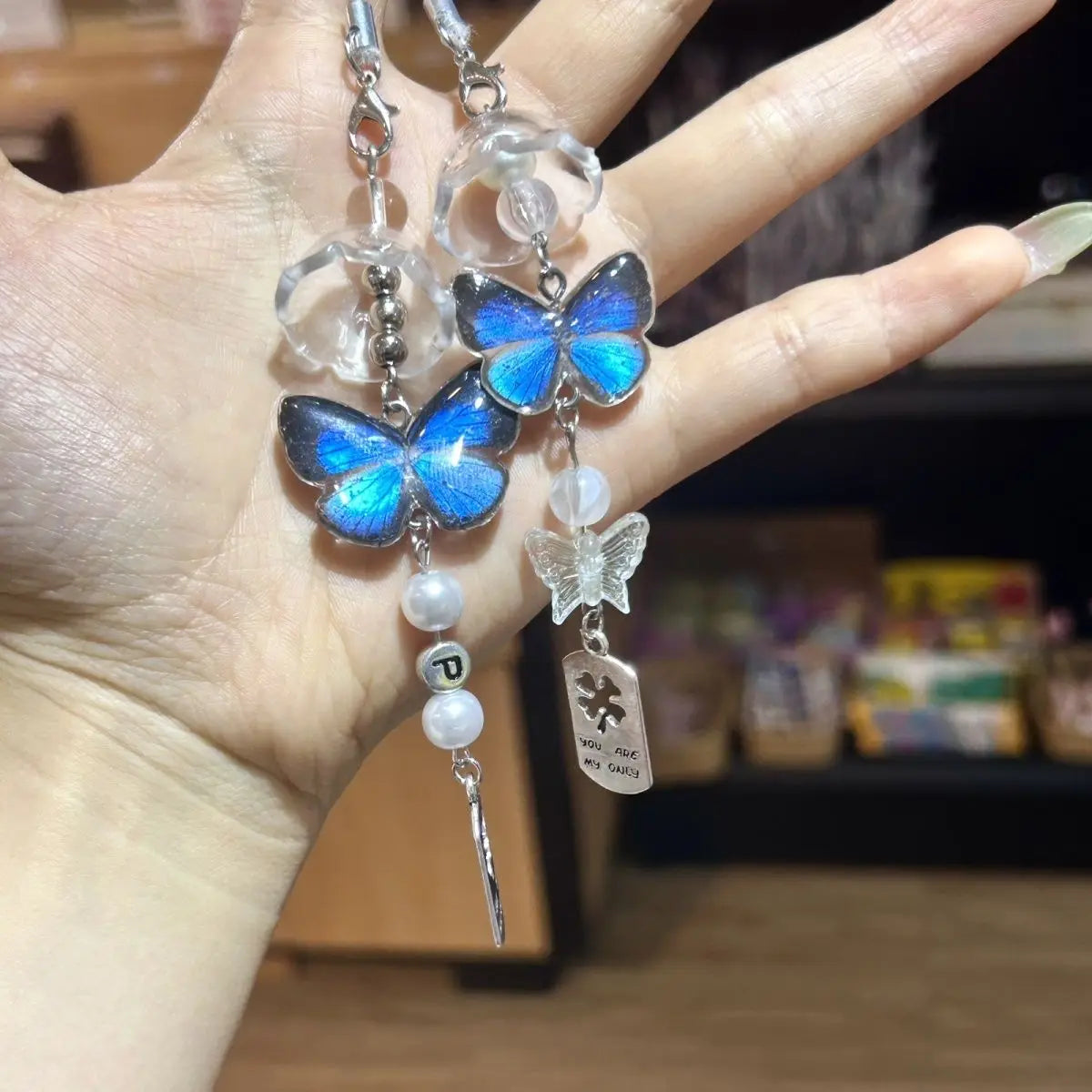 Real Butterfly Specimen Wind Chime, Blue Butterfly Hanging Decor, Nature-Inspired Ornament for Home & Gift