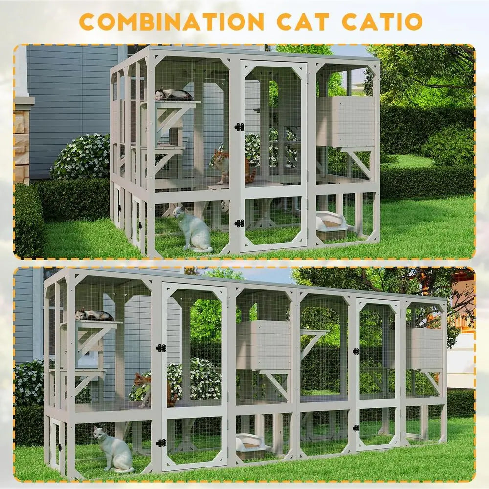 Catio Outdoor Cat Enclosure, Wooden Cat Catio, Large Weatherproo Cats House with Multiple Platorms and 1 Resting Boxes or Multip