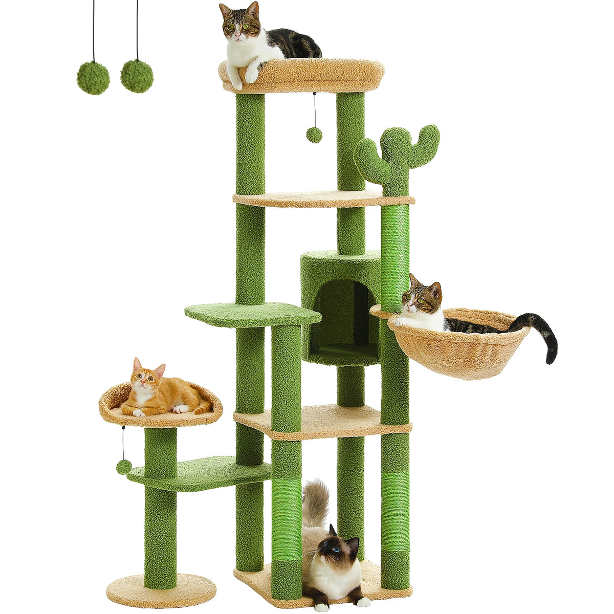 Multi-Level Cat Tree with Scratching Post Hammock Large Perches Hanging Balls Tall Cat Tower for Indoor Spacious Cat Condo House