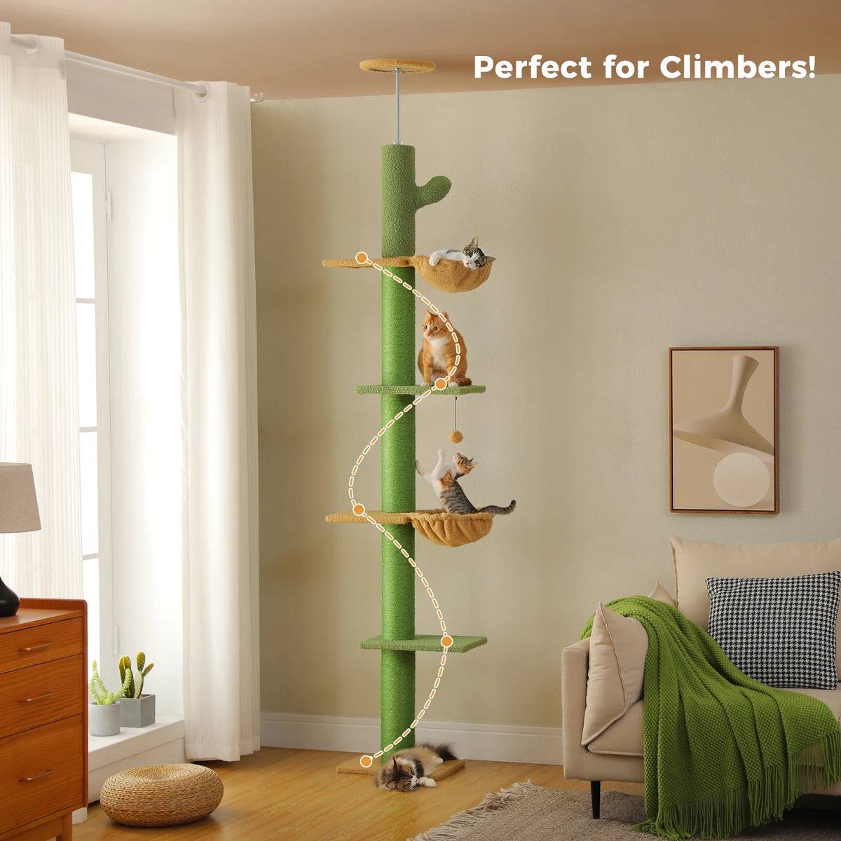 Cactus Cat Tree Floor to Ceiling Cat Tower with Sisal Scratching Post,Comfortable Hammock for Multi-Cat Homes,Cat Accessories