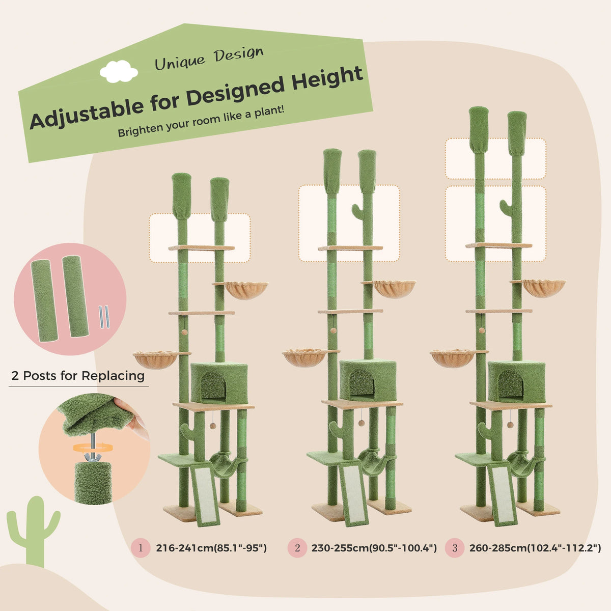 Cactus Cat Tree Floor to Ceiling Cat Tower with Sisal Scratching Post,Comfortable Hammock for Multi-Cat Homes,Cat Accessories