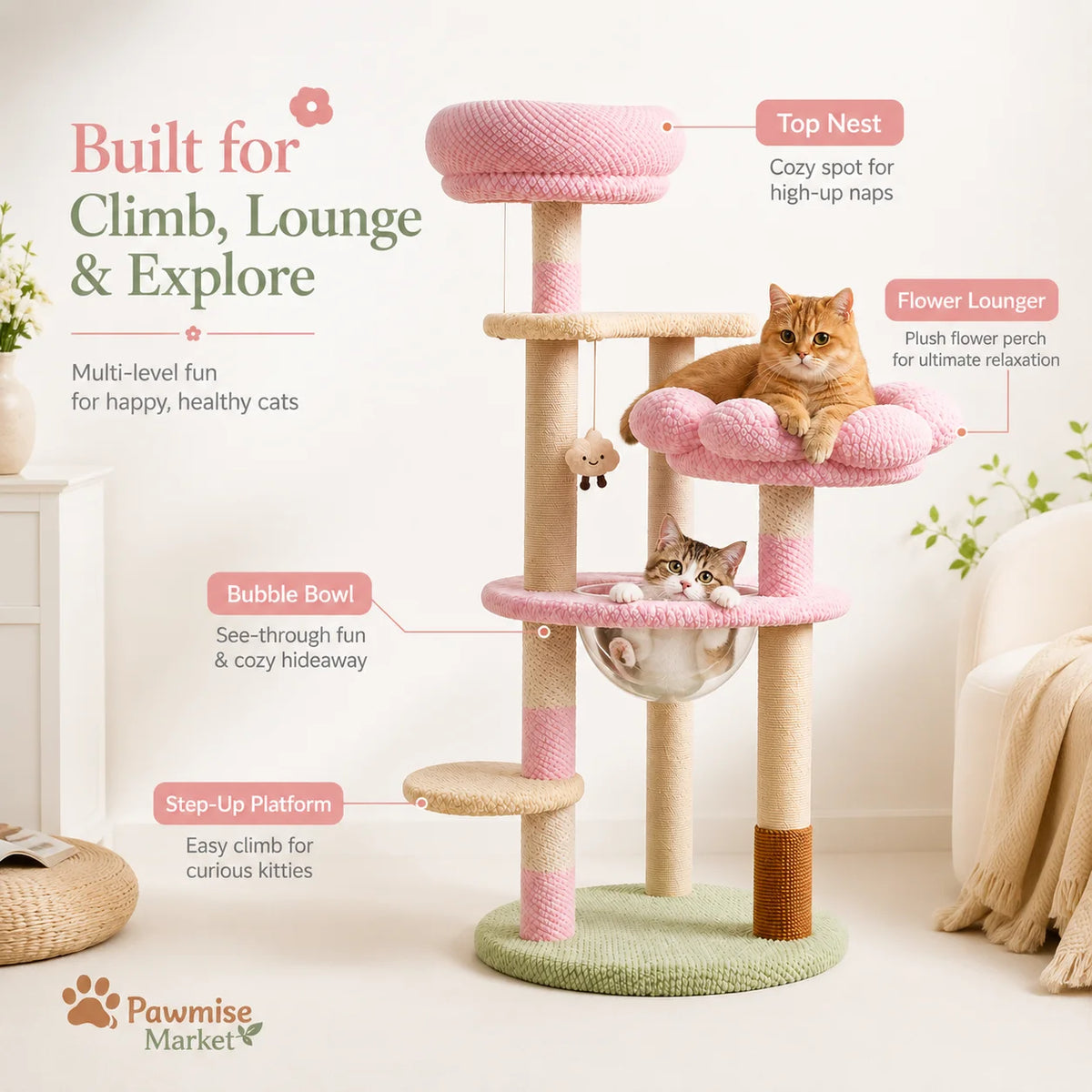 Pink Flower Cat Tree for Indoor Cats, 51.18-Inch Multi-Level Cat Tower with Soft Plush Perches, Clear Acrylic Bowl, Sisal Scratching Posts, Hanging Toy and Climbing Step