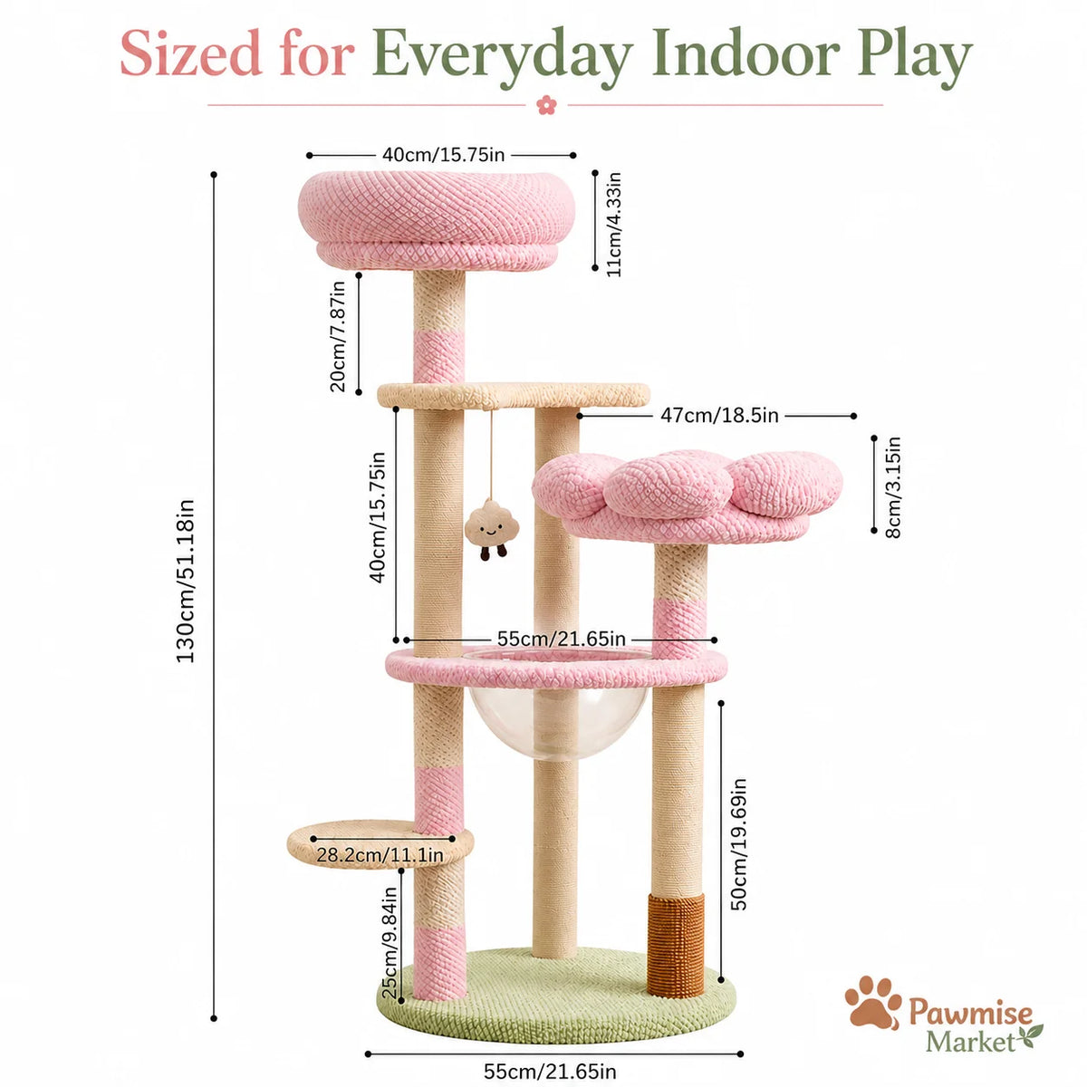 Pink Flower Cat Tree for Indoor Cats, 51.18-Inch Multi-Level Cat Tower with Soft Plush Perches, Clear Acrylic Bowl, Sisal Scratching Posts, Hanging Toy and Climbing Step