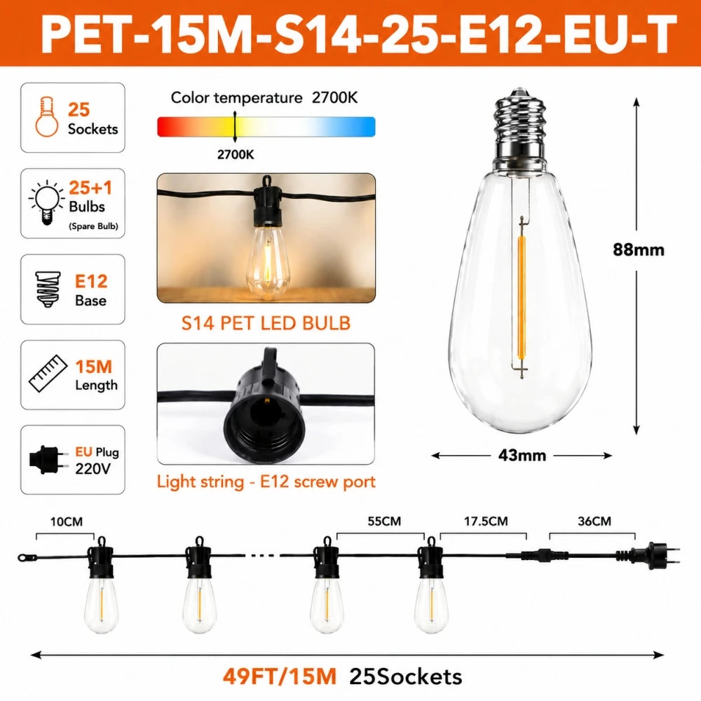 PET S14 LED String Light Bulbs E12 Base Shatterproof Plastic Bulbs 220V EU Plug Outdoor Patio Garden Lights Warm White 2700K