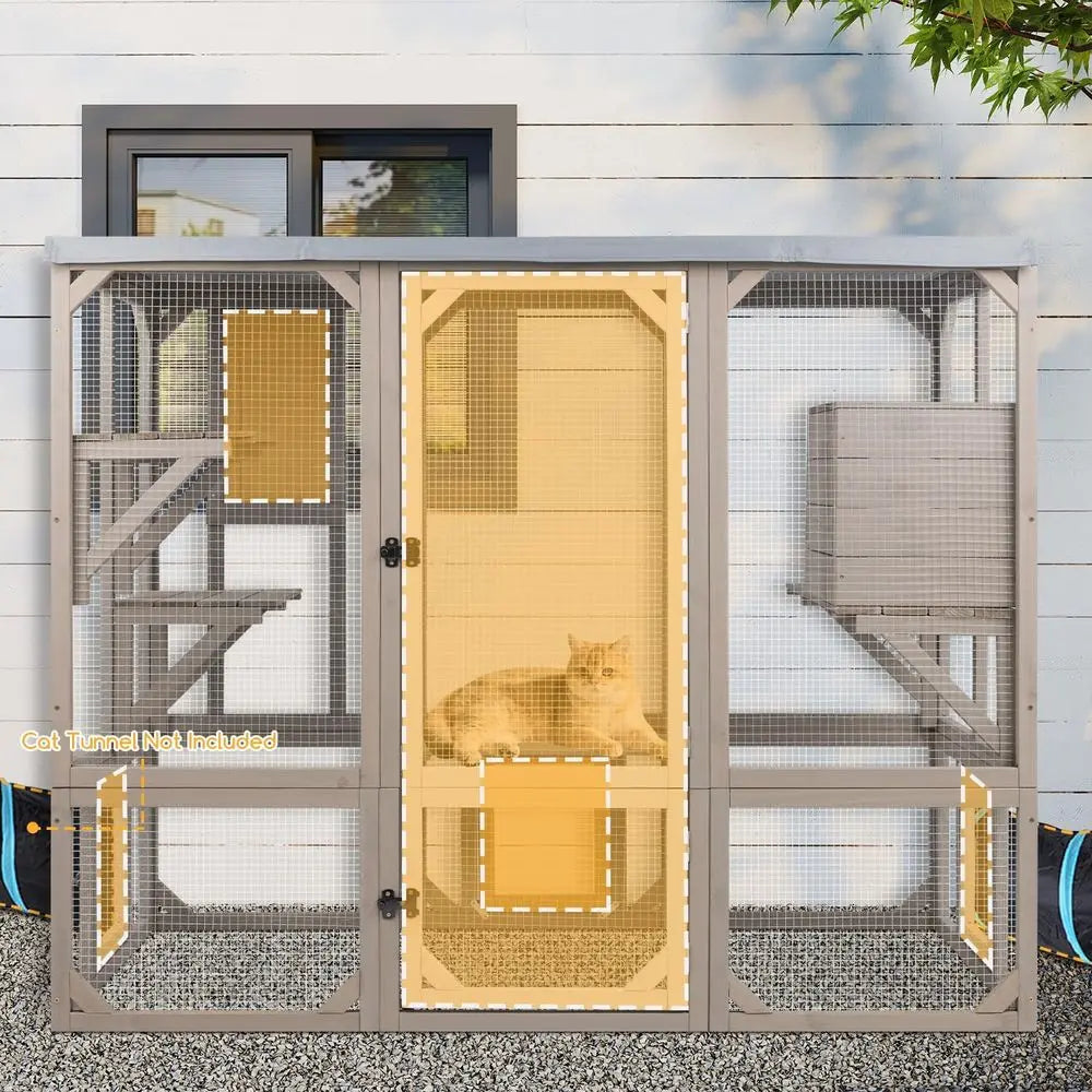 Catio Outdoor Cat Enclosure, Wooden Cat Catio, Large Weatherproo Cats House with Multiple Platorms and 1 Resting Boxes or Multip