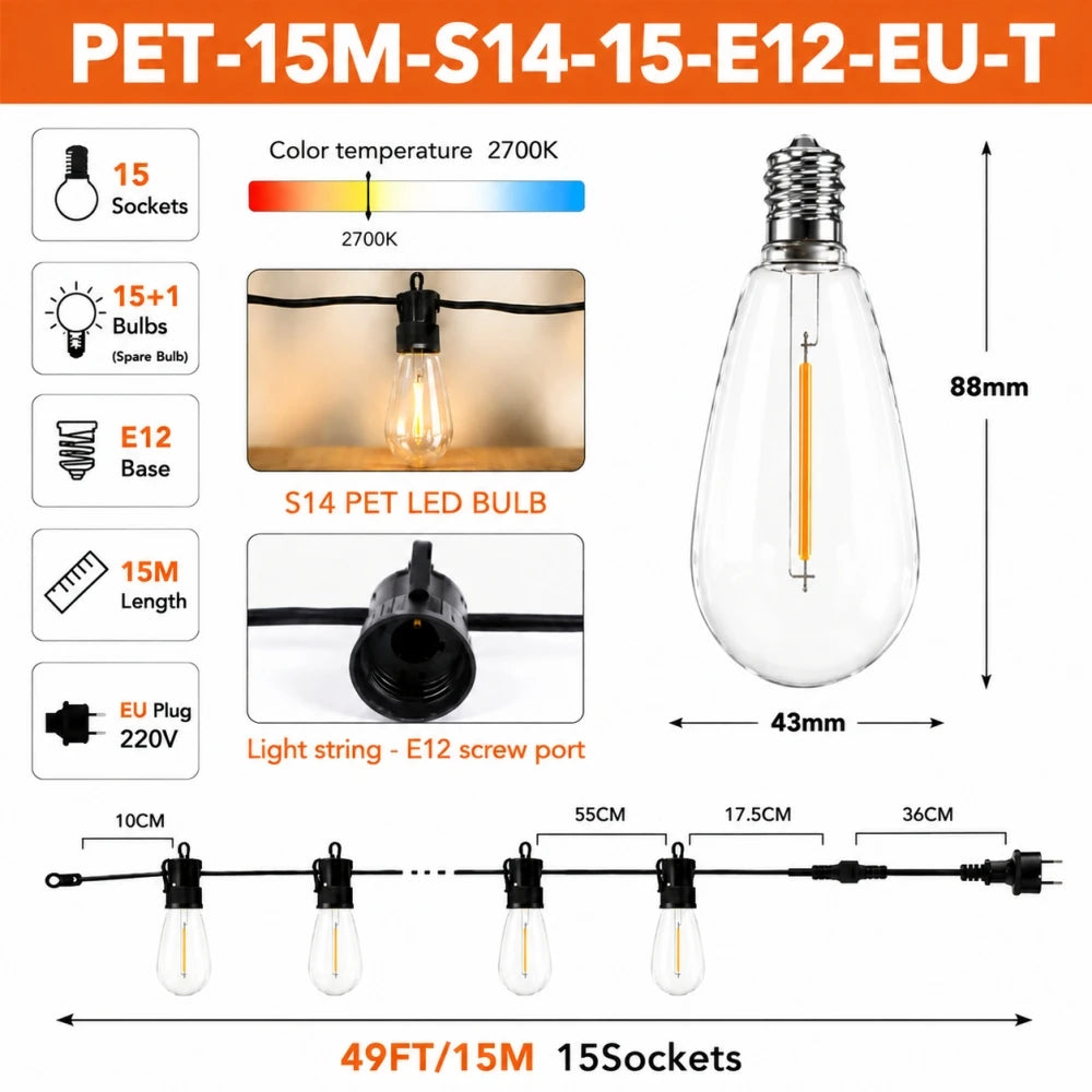 PET S14 LED String Light Bulbs E12 Base Shatterproof Plastic Bulbs 220V EU Plug Outdoor Patio Garden Lights Warm White 2700K