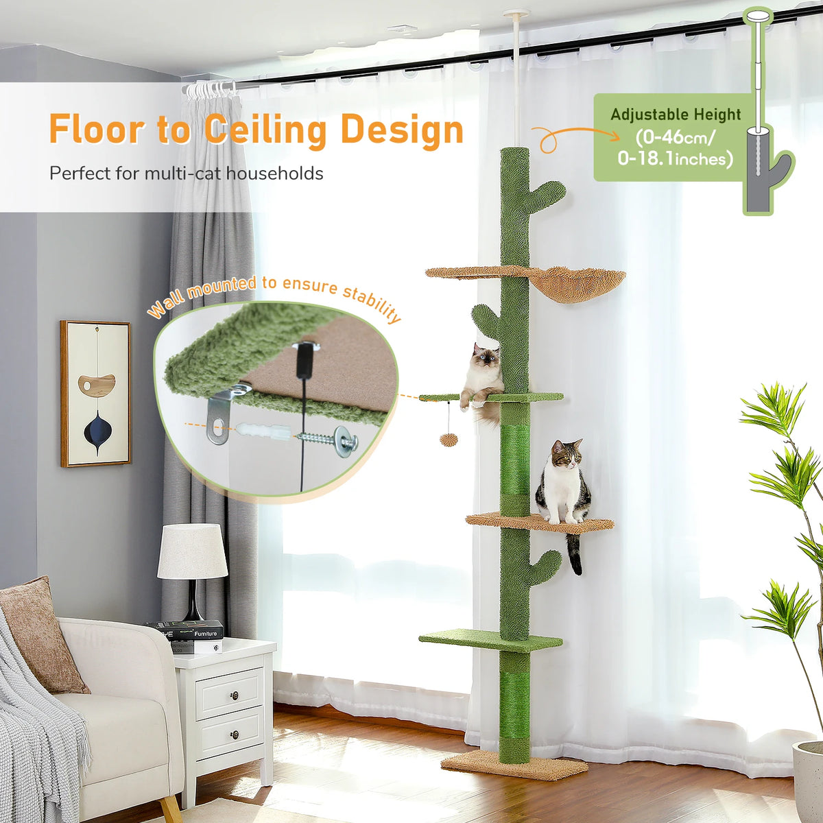 Cactus Cat Tree Floor to Ceiling Cat Tower with Sisal Scratching Post,Comfortable Hammock for Multi-Cat Homes,Cat Accessories
