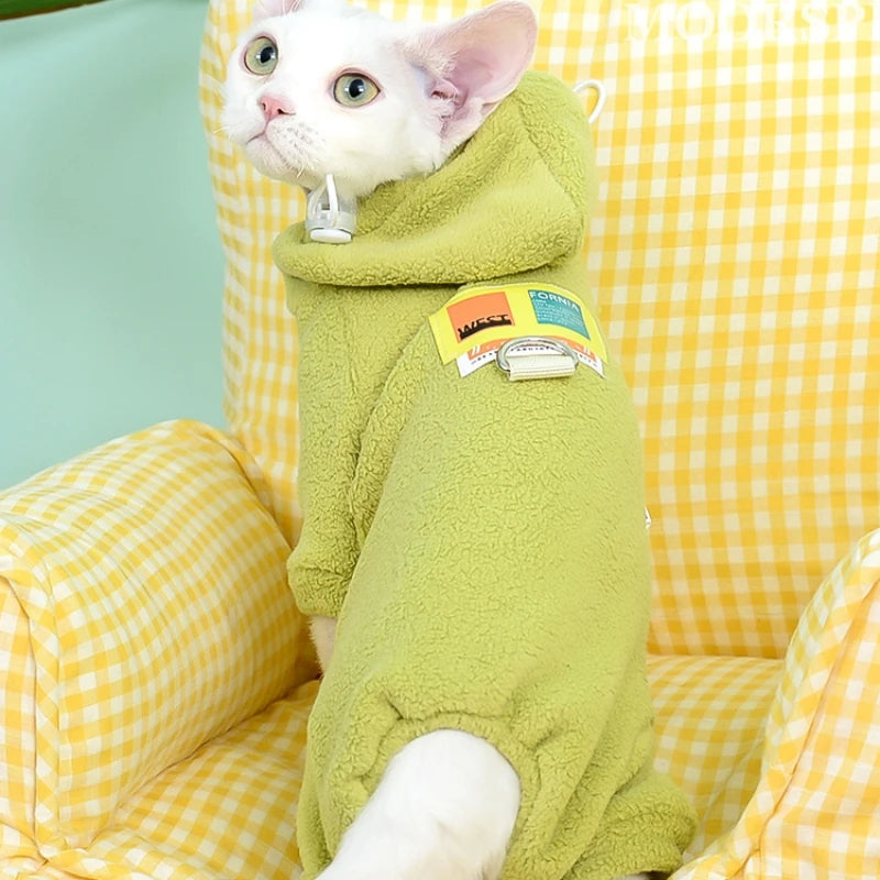 Fleece 4-legged Soft Sweater for Sphynx Cat Winter thick Warm Hooded Red Green Sweatshirt for Kittens Devon Rex coat in Autumn