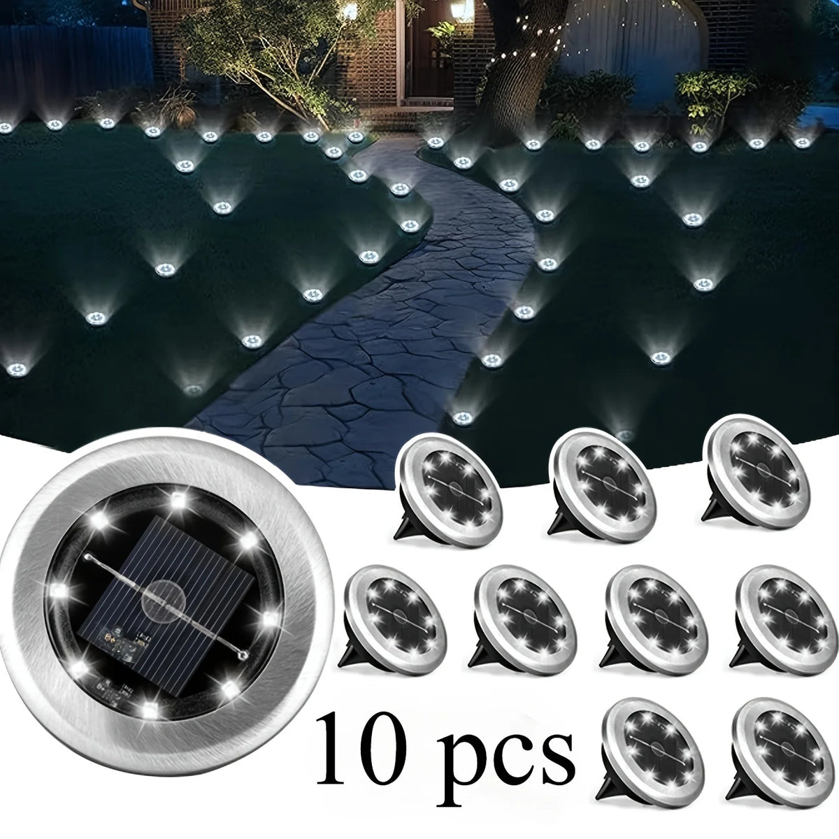 10pcs Solar Ground Light Outdoor Waterproof 8LED Disk Light for Garden Pathway Yard Driveway Landscape Decorative In-ground Lamp