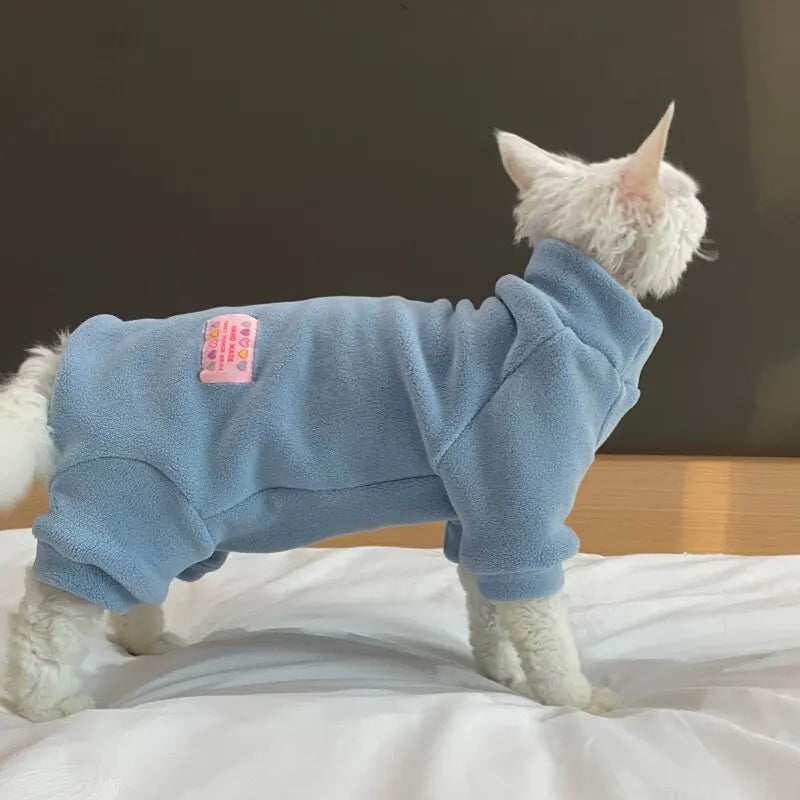 Fleece Coat for Sphynx Cat Warm Sweatshirt 4-legged Jumpsuit for Kittens Dogs soft Loungewear for Male Cat Devon Rex Sweater
