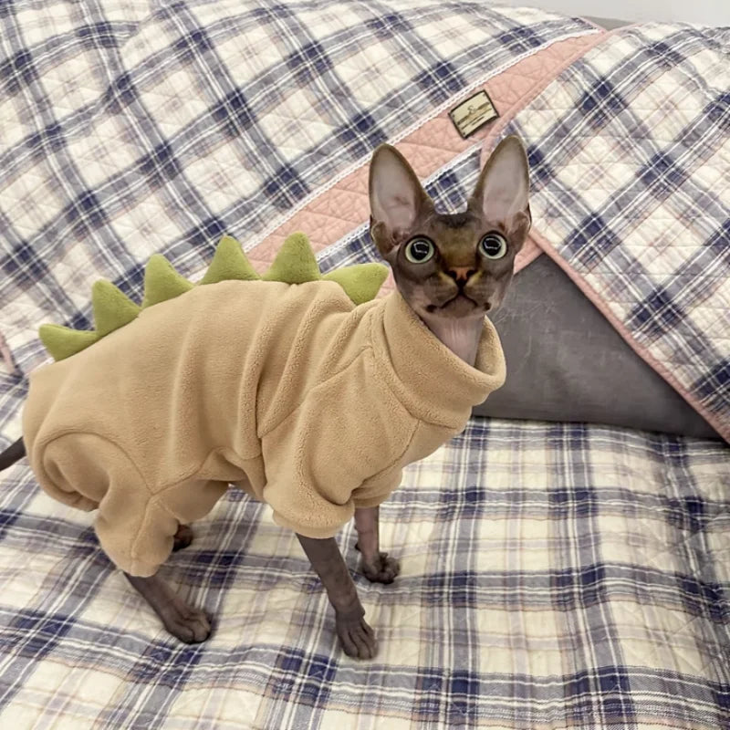Dinosaur Shape Fleece Sweatshirt for Cats in Winter Cute Cartoon 4-legged Warm Purple Blue Coat for Sphynx Cat Soft Jumpsuit